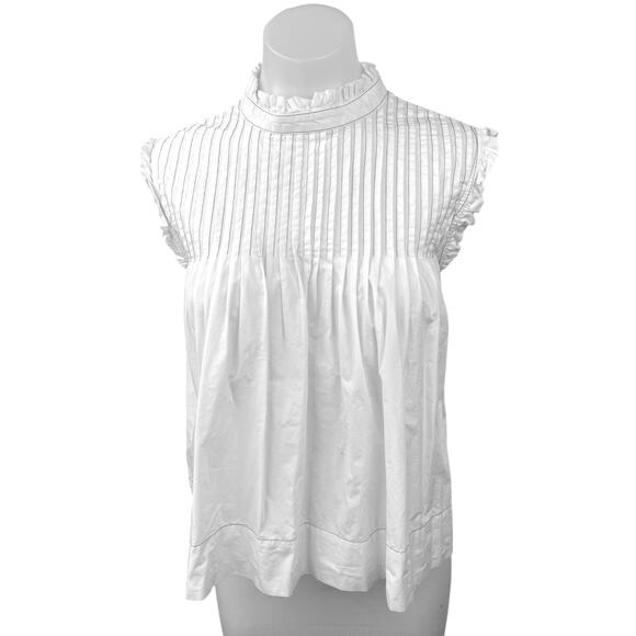 Ganni White Pintucked Ruffle Mock Neck Back Button Up Babydoll Blouse Top Size 8 - Picture 10 of 15